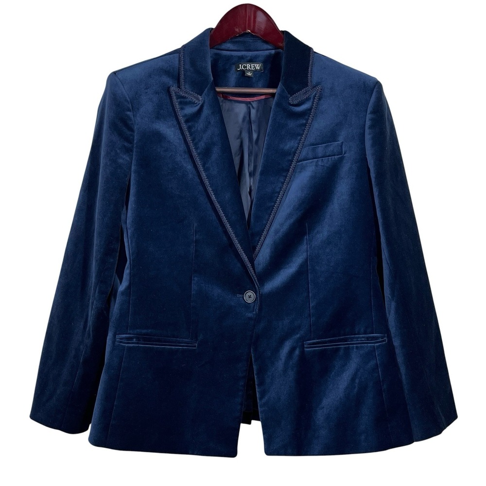 J Crew Alexandra Velvet Blazer Womens 16 Navy Blue Scroll Braid Trim Elegant Lux